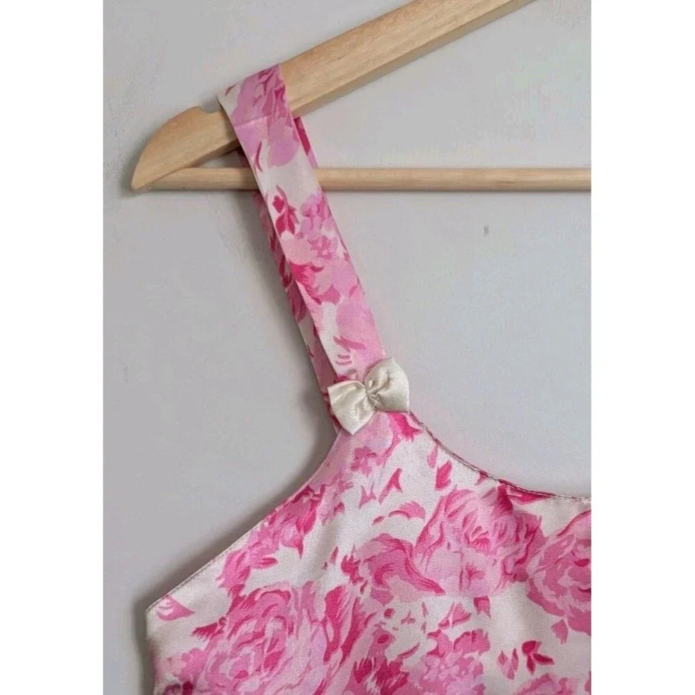Strappy Silky Satin Slip Nightgown Dress M L Pink Rose Floral Bows L 90s Y2K